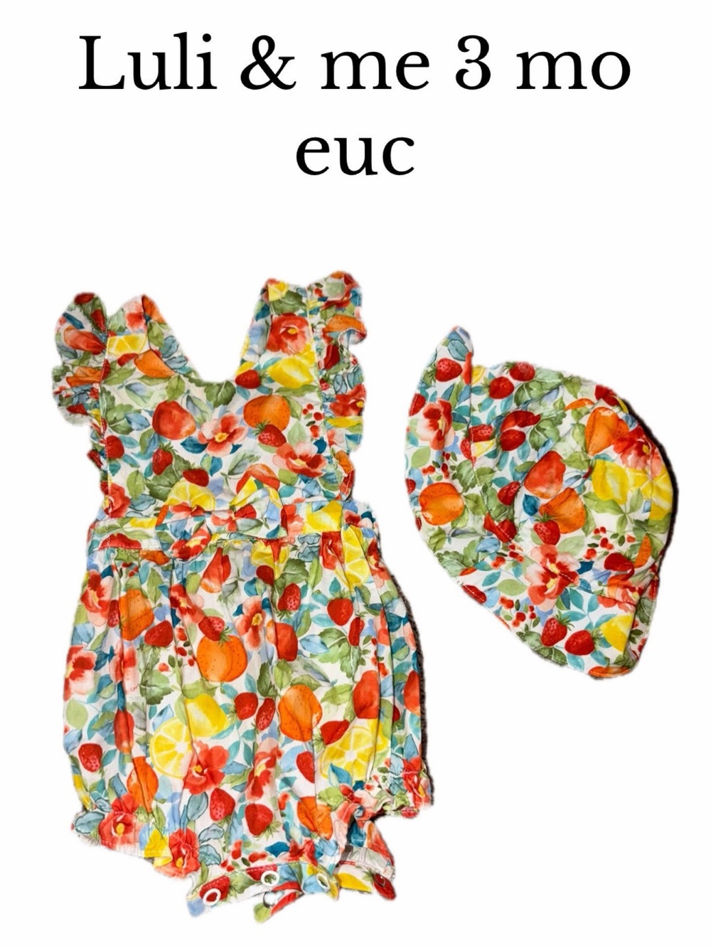 Luli and me 3 months Fruity Sunsuit In Orange with hat romper bundle